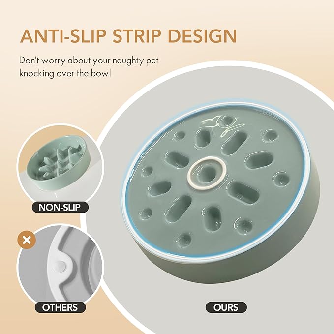 Ceramic 0.9 Cup Raised Slow Feeder Dog Bowl Set, Elevated 5.1inch Bowl and 6.1inch Slow Pet Food Dish with Wooden Stand for Small Dog and Cat (2 x Light Green+ Stand)