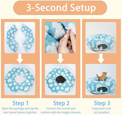 Cat Tunnel Bed for Indoor Cats, Plush Washable Cushion Peekaboo Play Space for Kittens, Puppies, Rabbits, Multifunctional Collapsible Design, Soft Collapsible Cat Cave with Central Mat (Blue)