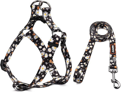 QQPETS Dog Harness Leash Set Adjustable Heavy Duty No Pull Halter Harnesses for Small Medium Large Breed Dogs Back Clip Anti-Twist Perfect for Walking (S(14"-20" Chest Girth), White Daisy)