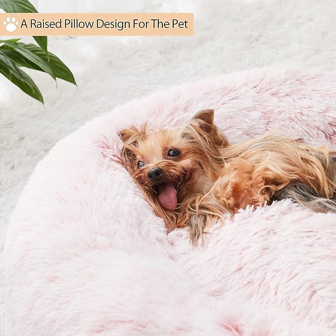 WNPETHOME Donut Dog Beds Large Sized Dog,Anti-Anxiety Caming Large Pet Bed,Fluffy Faux Fur Plush Puppy Bed，Warming Cozy Soft Round Bed for Pet, Cat Cuddler Cushion