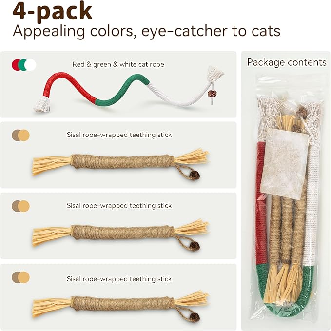 Cat Toys for Indoor Cats, 3 Pcs Silvervine Sticks with Gall Fruit & 1 Pc Cat Chew Rope for Teeth Cleaning, Interactive Cat Toys with Catnip, Kitten Chew Toys Teething for All Breeds Red