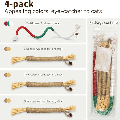 Cat Toys for Indoor Cats, 3 Pcs Silvervine Sticks with Gall Fruit & 1 Pc Cat Chew Rope for Teeth Cleaning, Interactive Cat Toys with Catnip, Kitten Chew Toys Teething for All Breeds Red