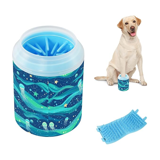 Dog Paw Cleaner Cups for Dogs Pets Foot Washer Paw Scrubber for Medium Small Cats Dogs Cleaning Cup Blue Sea Wave Jellyfish and Stars