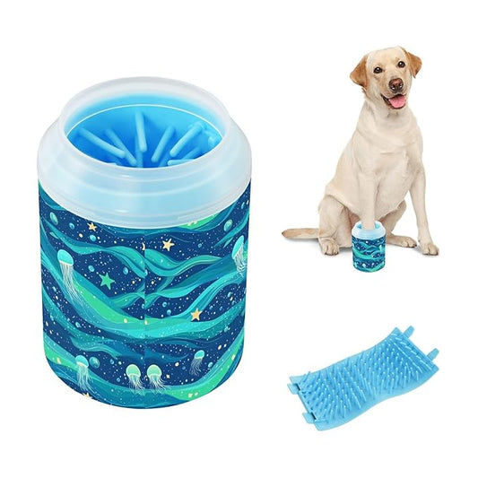Dog Paw Cleaner Cups for Dogs Pets Foot Washer Paw Scrubber for Medium Small Cats Dogs Cleaning Cup Blue Sea Wave Jellyfish and Stars