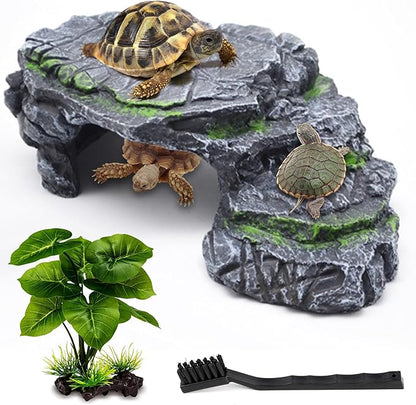 MoonOrange Turtle Basking Platform Kit, Reptile Habitat Hideout, Decorative Resin for Aquarium & Terrarium, Including Artificial Plant and Cleaning Brush. (A-Large-Black)