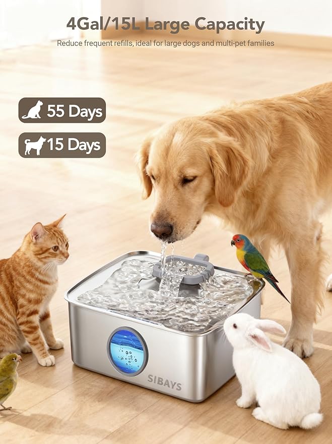 SIBAYS 4Gal/15L Dog Water Fountain, Stainless Steel Large Capacity Pet Water Fountain with Water Level LED Light, Automatic Quiet Dog Water Bowl Dispenser for Large Dogs & Multi-Pet Easy to Clean FS79