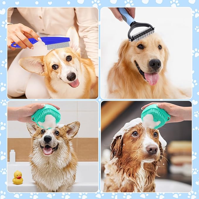 VCZONE 8 Pcs Dog Brush Grooming Kits, Includes Pet Nail Clipper and File, Flea Comb, Pet Shampoo Bath Brush, Pet Shedding Brush, Pet Dematting Comb, Silicone Toothbrush (Blue)