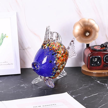 Large Hand Blown Glass Fish Figurines, Aquarium Sea Glass Art, Blue Orange Fish Statue Sculpture Modern Coastal Accent - for Beach Knick Knacks, Coffee Tables, Nautical Offices Centerpiece