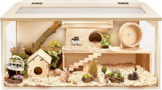 PROLEE Hamster Cage with Chewproof Wood Top,Guinea Pig Cages, Hamster Habitat with Clear Acrylic Sheets Solid Built, Small Animal Cage (Oak, 32X16X16 inch)