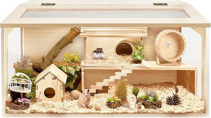 PROLEE Hamster Cage with Chewproof Wood Top,Guinea Pig Cages, Hamster Habitat with Clear Acrylic Sheets Solid Built, Small Animal Cage (Oak, 32X16X16 inch)