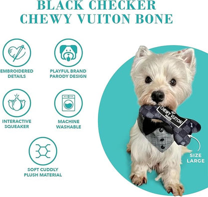Haute Diggity Dog Black Checker Chewy Vuiton Bone, Plush Designer Dog Toys with Interactive Squeaker, Stimulating Pet Enrichment, Machine-Washable & Safe Materials for All Breeds, Size XL