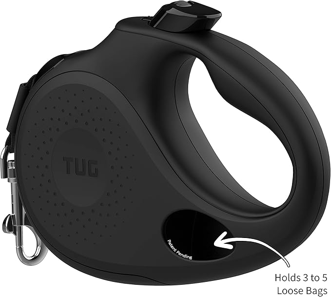 TUG Oval 360° Tangle-Free Retractable Dog Leash with Integrated Waste Bag Dispenser (Large, Black)