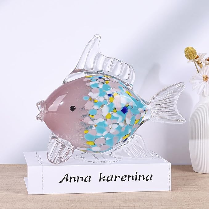LCCCK Large Hand Blown Glass Fish Figurines, Aquarium Sea Glass Art, Fish Statue Sculpture Modern Coastal Accent - for Beach Knick Knacks, Coffee Tables, Nautical Offices Centerpiece (Colorful Pink)