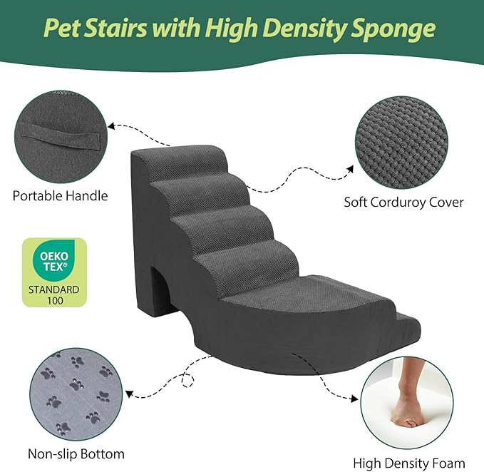 6 Tier Dog Stairs/Steps for High Bed, 27.5”H Non-Slip Pet Stairs Adjust to Left Side of Bed, Pet Steps for Puppies, Old Pets, and Injured Dogs, Dark Gray