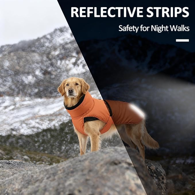 Puffer Dog Winter Coat for Rain and Snow, Water-Repellent and Windproof Jacket Keeps Dogs Warm and Dry, High Collar and Harness Opening Design, Ideal Dog Stocking Stuffer (Aurantium, Large)