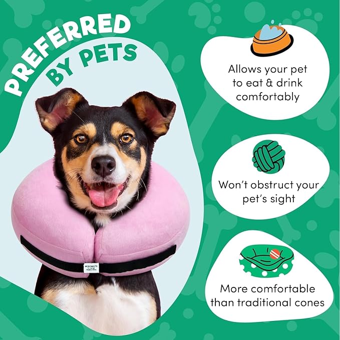 BENCMATE Inflatable Dog Cone Collar Alternative, Soft Dog Cone for Small Medium Large Dogs and Cats, Neck Recovery ECollar Donut Collar After Surgery (Medium+, Pink)
