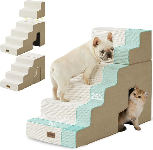 Dog Steps for High Beds - 6 Step 28.5" H Pet Stairs with Tunnel 2 in 1 with Zippers Suitable for Small Dogs and Cats, Indoor Cat Ladders with Non-Slip Bottom, Beige