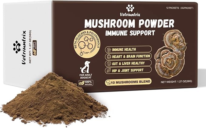 Turkey Tail Mushroom for Dogs, Organic 10 Mushroom Blend for Lipoma Lumps and Bumps, Probiotic Mushroom Powder with 50% β-Glucan for Dogs & Cats, Joint Gut Immune Skin Support-30 Day Supply