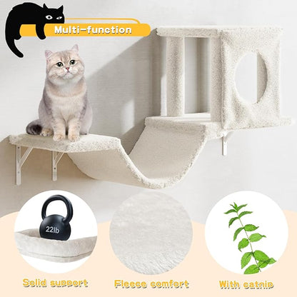 6-in-1 Cat Wall Shelves, Wooden Climbing Wall with Scratching Post, Wall Mounted Cat Furniture for Climbers, Space-Saving Cat Wall for Play & Rest, Drywall & Solid Walls