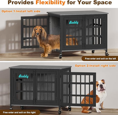 EasyCom 33"/27" Dog Crate Furniture with Name Tag, Heavy Duty Dog Kennel Indoor for Medium and Small Dogs, Double-Doors Sturdy Metal Dog Cage, Decorate House as TV Stand, End Table, Bedside Table