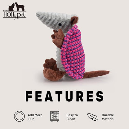 Hollypet Plush Dog Squeaky Toy Stuffed Armadillo Animal Pet Puppy Chew Toys with Clean Teeth for Small Medium Large All Breed Sizes Dogs, Rose Red and Purple,8 in