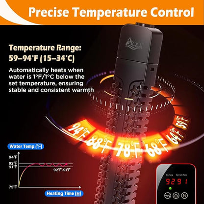AQQA Fish Tank Heater 500W Quartz Glass Submersible Aquarium Heater with Intelligent Overheat & Dry-Run Protection for Marine and Freshwater Tank (500W for 55-130 Gallon)