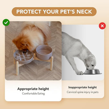 Havniva Ceramic 1.2 Cup Raised Slow Feeder Dog Bowl Set, Elevated 6.1inch Bowl and 7.3inch Slow Pet Food Dish with Wooden Stand for Small and Medium Dog (2 x Brown Coffee+ Stand)