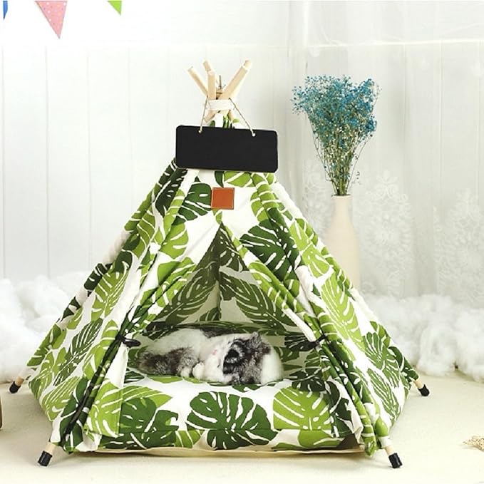 Cat Teepee Tent Bed,Outdoor Indoor Dog House,Portable Washable Pet Tent for Small Dogs with Cushion,Inside Pet Teepee for Small Medium Animals (Green&White, M)