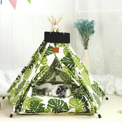 Cat Teepee Tent Bed,Outdoor Indoor Dog House,Portable Washable Pet Tent for Small Dogs with Cushion,Inside Pet Teepee for Small Medium Animals (Green&White, M)