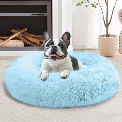 JOLLYVOGUE Small Dog & Cat Beds for Indoor Cats, Donut Cuddler Warming Soft Dog Beds with Anti-Slip Bottom, Round Calming Fluffy Plush Faux Fur Cushion Bed for Large Dogs (36", Light Blue)