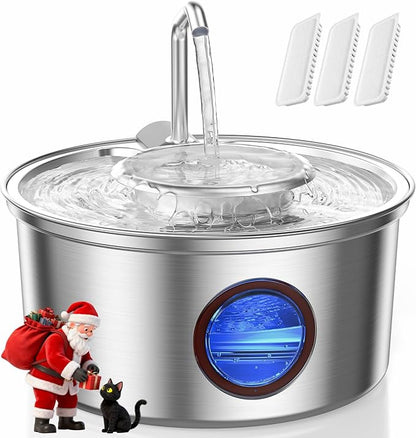 Cat Water Fountain Stainless Steel - 108oz/3.2L Ultra-Quiet Cat Fountain for Drinking with Removable Food Bowl, with 3 Filters Supplies for Cats, Small Dogs, Multiple Pets