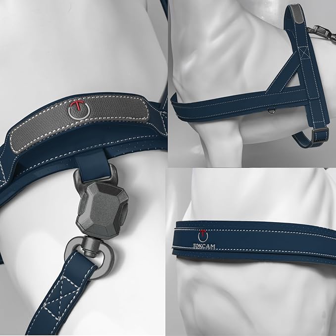 Magnetic Quick-Release Buckle Dog Harness and Leash Set, Easy Walk Faux Leather Puppy Harness, Easy On & Off Dog Vest with Handle for Medium, Large Girl Boy Dogs for Hiking Training, Blue, M