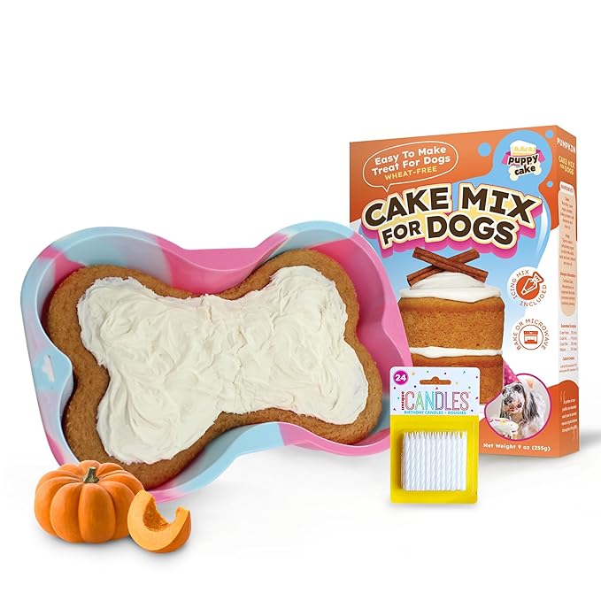 Dog Birthday Cake Kit 6 Flavors - Cake Mix for Dogs, Icing Mix, Large Bone Shape Silicone Pan and 24 Candles, Bake or Microwave By Puppy Cake Mix (Swirl, Pumpkin)