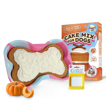 Dog Birthday Cake Kit 6 Flavors - Cake Mix for Dogs, Icing Mix, Large Bone Shape Silicone Pan and 24 Candles, Bake or Microwave By Puppy Cake Mix (Swirl, Pumpkin)