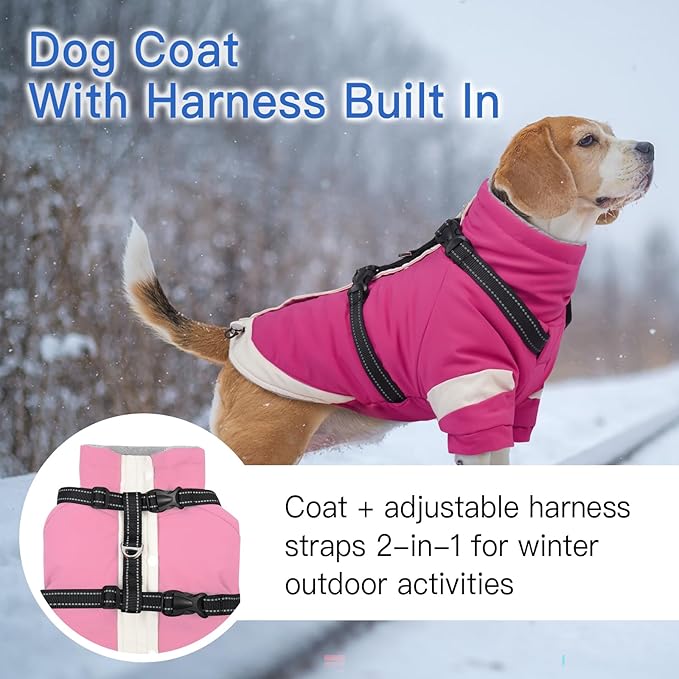 XL Winter Coat for Medium Dogs,Reflective Harness Built in | Turtleneck Dog Snowsuit with Sleeves for Snow Day Keep Warm,Outdoor Activities Water-Repellent & Windproof Jacket (Rosered)
