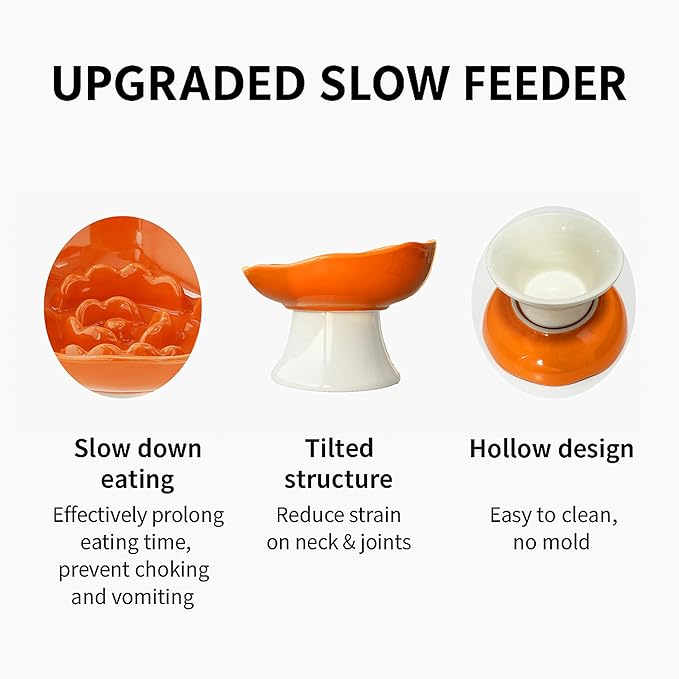 Ceramic Slow Feeder Bowl for Cats and Small Dogs, Elevated Tilted Pet Food Dish, Whisker Friendly Anti-Vomit Design, Heavy Stable Base, Dishwasher Safe， 5 Colors Options (Leaf Green)