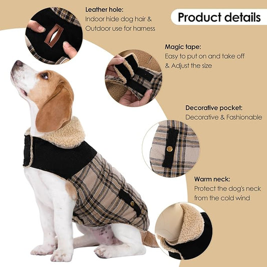 Winter Coat for Medium Dogs, Dog Plaid Jacket, Pets Coat for Cold Weather, Windproof Warm Garments, Pet Thickened Outfits Indoor Outdoor, Beige M