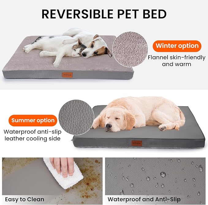 Waterproof XXL Dog Bed for Large and Jumbo Dogs, Orthopedic Washable Crate Pad 47 inch, XXLarge Egg Crate Foam Pet Bed Mat with Removable Cover, Anti-Slip Reversible Kennel Pad, 47''×29'', Grey