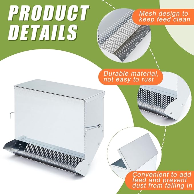 Maxcheck 2 Pcs Rabbit Feeder for Cages Small Animal Food Dispenser with Lid Metal Chicken Grit Oyster Shell Feeders Outside (11.8 Inches,Mesh Bottom,Silver)