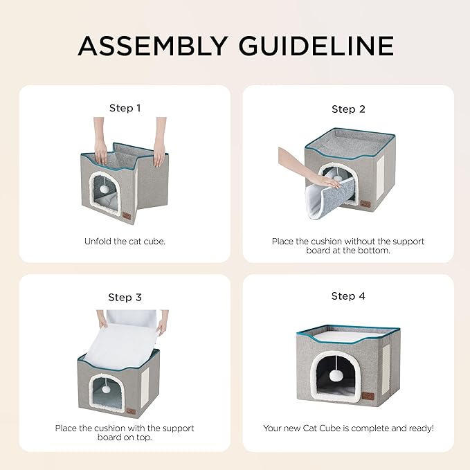 Bedsure Cat Beds for Indoor Cats - Large Cat Cave for Pet Cat House with Fluffy Ball Hanging and Scratch Pad, Foldable Cat Hideaway, 16.5x16.5x13 inches, Green