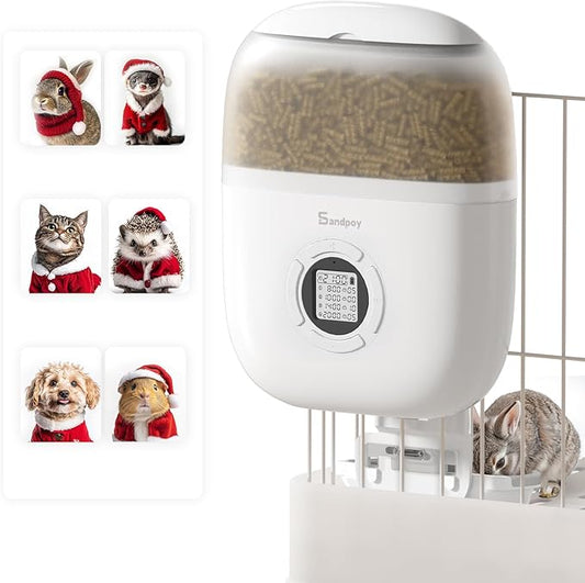 Sandpoy Hanging Rabbit Feeder, Programmable Automatic Pet Feeder with Dry Food Dispenser, Desiccant Bag and Portion Control for Rabbits Cats and Small Animals