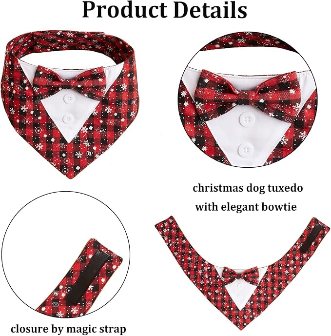 HDGDT Adjustable Red Plaid Christmas Dog Tuxedo Bandana with Bow Tie - Holiday Pet Outfit Costume for Dogs XS to XL
