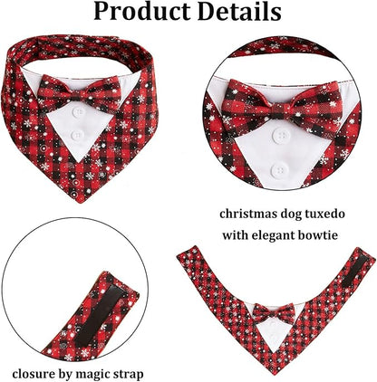 HDGDT Adjustable Red Plaid Christmas Dog Tuxedo Bandana with Bow Tie - Holiday Pet Outfit Costume for Dogs XS to XL