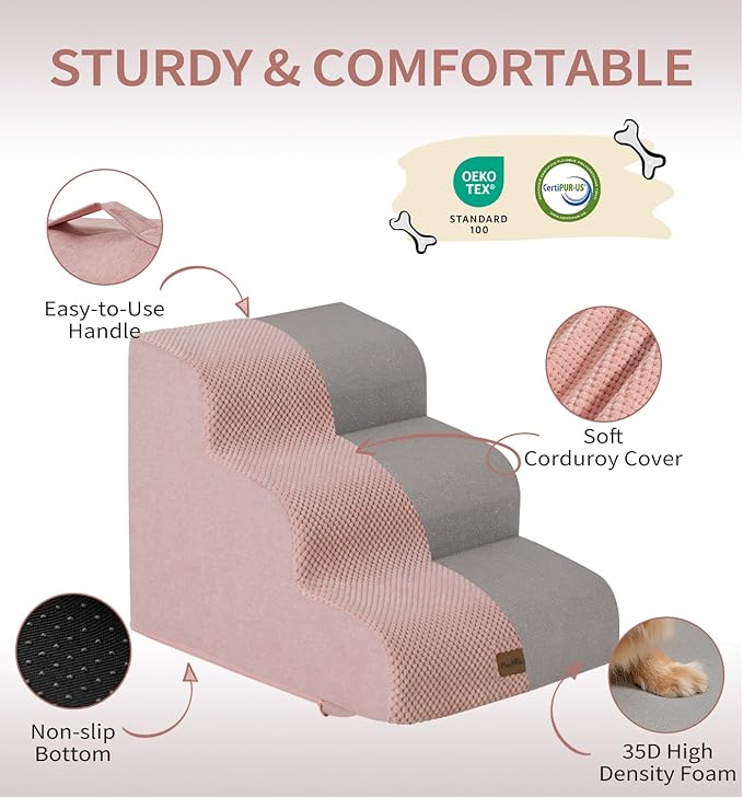 Made4Pets Dog Stairs Ramp for Small Dogs 15.7" H, 3-Step Dog Steps for Bed Couch Sofa and Chair, 35D Foam Pet Steps for Small Dogs and Cats, Non-Slip Bottom Pet Stairs, Pink