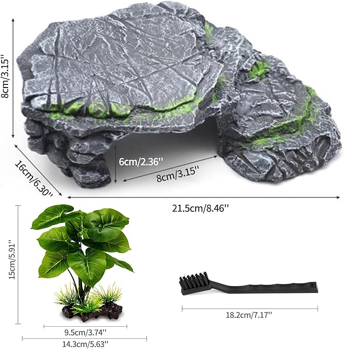 MoonOrange Turtle Basking Platform Kit, Reptile Habitat Hideout, Decorative Resin for Aquarium & Terrarium, Including Artificial Plant and Cleaning Brush. (A-Large-Black)