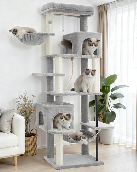 Cat Tree for Indoor Cats Large Adult, 70.5'' Cat Tower with Scratching Post, Sturdy Steel Pube Cat Tree Tower with Large Playing Platfrom, Hammock and Basket, Top Perch, Light Gray GCT024W