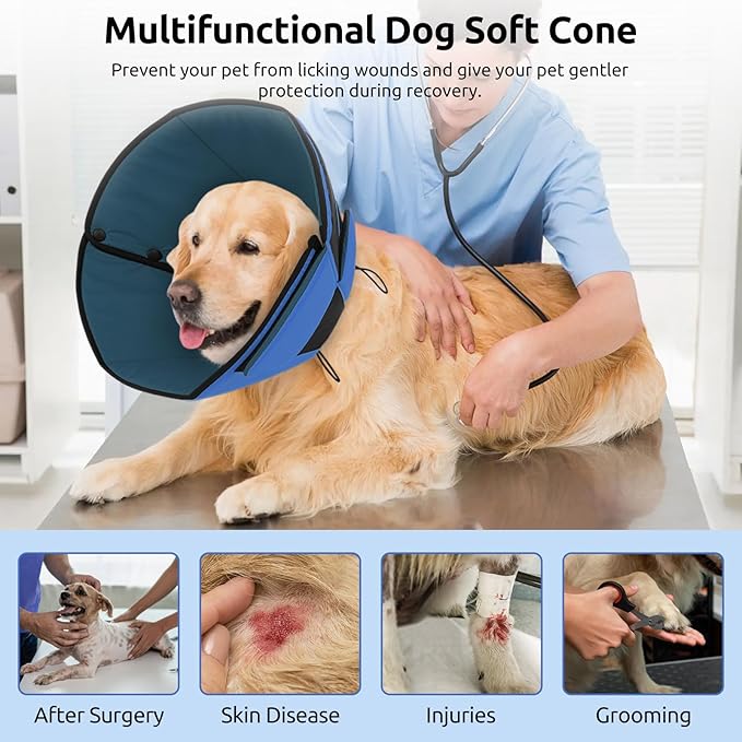 Queenmore Dog Cone XL, Soft Dog Cones for Large Dogs After Surgery, Cone for Dogs to Stop Licking, Elizabethan Collar for Pet, Alternative to Recovery Collar for Large Breeds, Blue XL