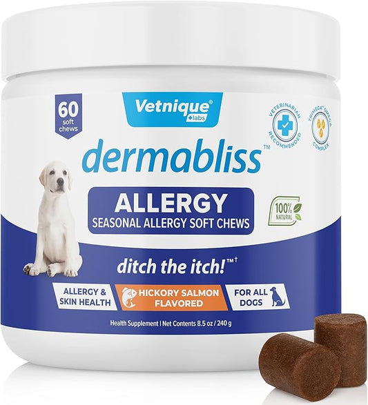 Vetnique Dermabliss Seasonal Dog Allergy Relief & Immune Support Supplement Allergy Chews for Dogs Itching and Licking with Omega 3 Fish Oil & Probiotics for Itch Relief (60 Count Chews)