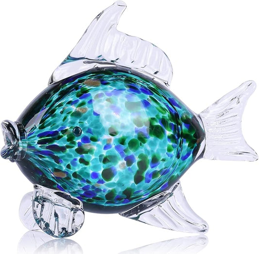 LCCCK Large Hand Blown Glass Fish Figurines, Aquarium Sea Glass Art, Fish Statue Sculpture Modern Coastal Accent - for Beach Knick Knacks, Coffee Tables, Nautical Offices Centerpiece (Teal)