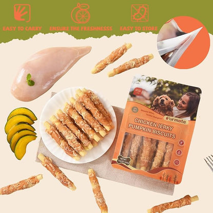 Chicken Jerky Wrapped Pumpkin Biscuits Treats for Dogs,Low Fat Rawhide Free Healthy Chewy Dog Training Treats,High Fiber Pumpkin Biscuits Dog Snacks for Small Medium Large Dogs 10.58 oz